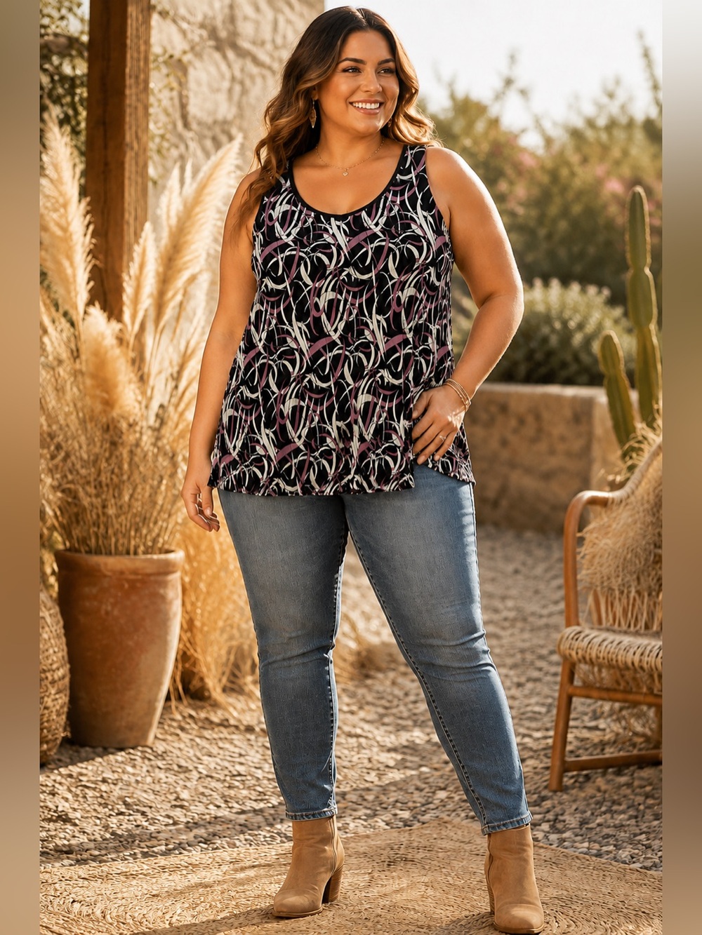 Plus Size Black Patterned Scoop Neck Tank Top